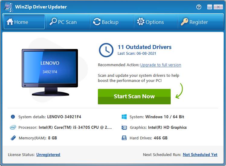 winzip driver updater dashboard