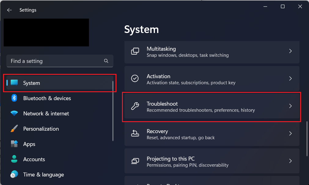select troubleshoot under system